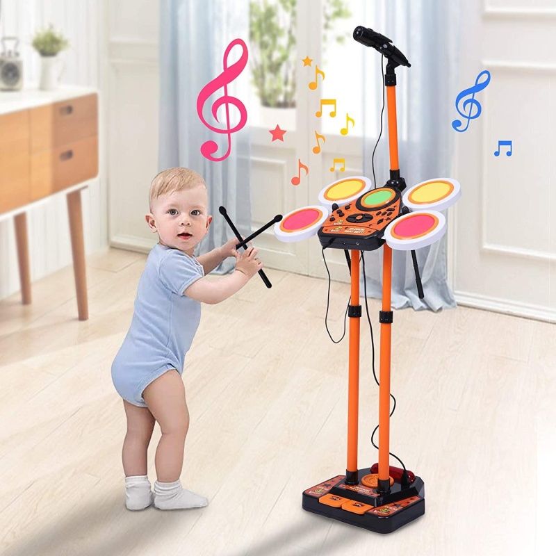Kids Electronic Toy Drum Set With 1 Stool, Adjustable Microphone And Drum Sticks, For 3+ Years Old