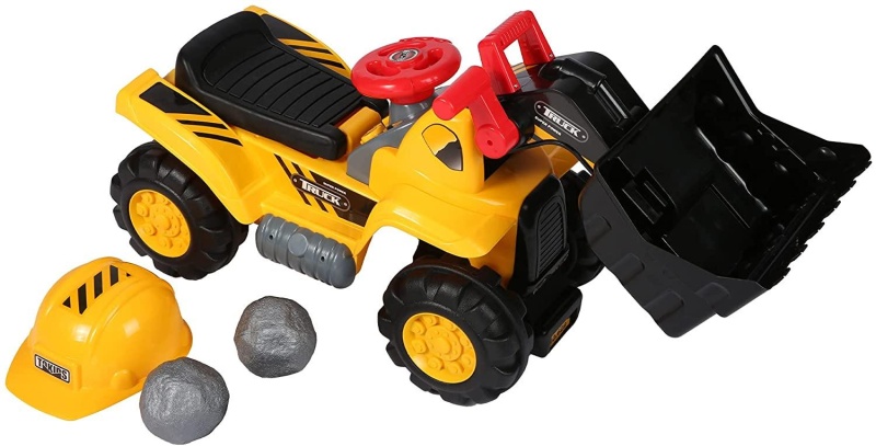 Kids Toddlers Ride-On Bulldozer Toy With Simulated Sounds Boys Construction Truck Vehicle With Bucket, Steering Wheel, Helmet, Rocks