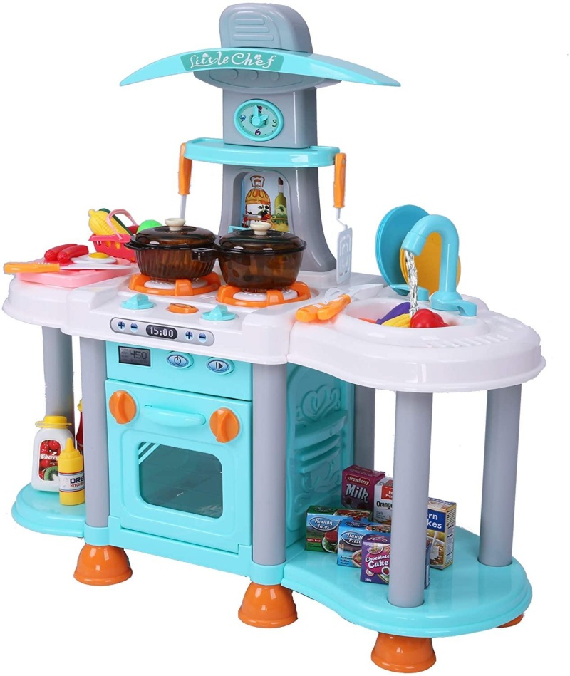 Kids Kitchen Playset With Lights & Sounds Play Kitchen Activity Set With 38 Pcs Kitchen Accessories And Food Toys, Light Blue
