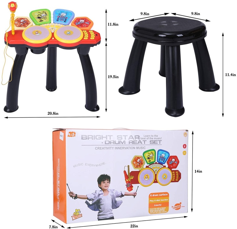 Kids Electronic Toy Drum Set With 1 Stool, Adjustable Microphone And Drum Sticks, For 3+ Years Old