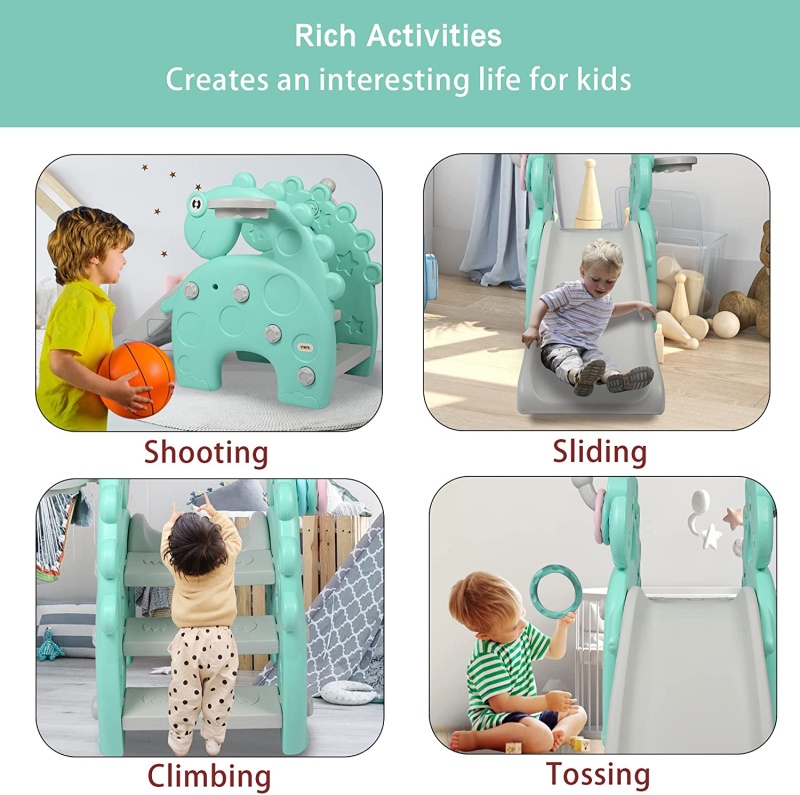 4 In 1 Kids Freestanding Slide For 1-3 Years Old , Indoor Outdoor Playset With Music, Green
