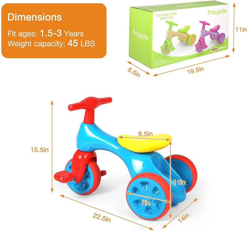 Kids 3-Wheel Toy Trike - Baby Balance Walker Slide Toddler Tricycle Bike Bicycle With Foot Pedals - Indoor And Outdoor Use, Blue