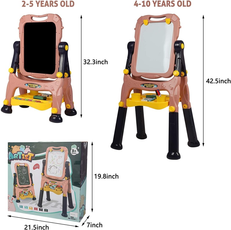 Kids Art Easel For Boys & Girls -Double Sided Standing Art Drawing Board- With Two Height Adjustable- Chalkboard And Magnetic Dry Erase Board, Pink