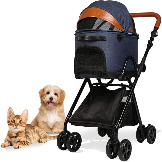 Luxury Folding Pet Stroller With Detachable Carrier For Medium Dogs Cats, Dark Blue