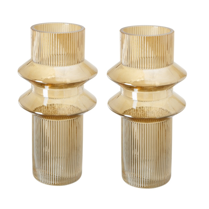 Rae Set Of 2 Glass Vases, Tall Round Cylinders, Amber Yellow, Clear Finish