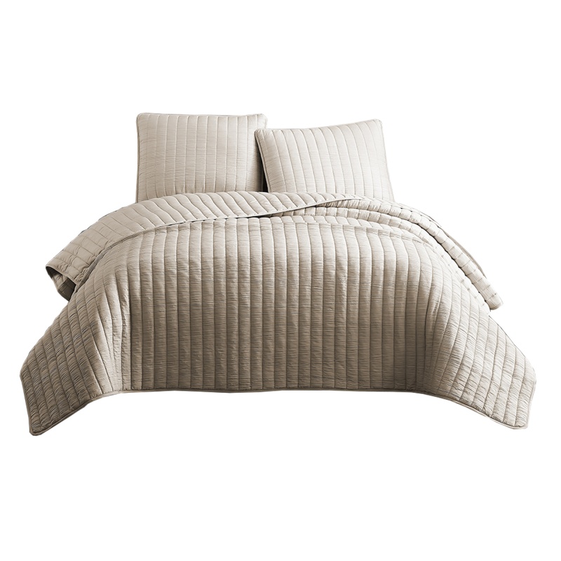 3 Piece Crinkles King Size Coverlet Set With Vertical Stitching, Brown