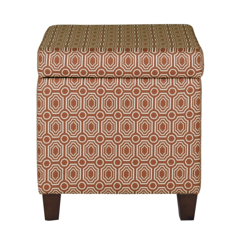 Geometric Patterned Square Wooden Ottoman With Lift Off Lid Storage, Orange And Cream