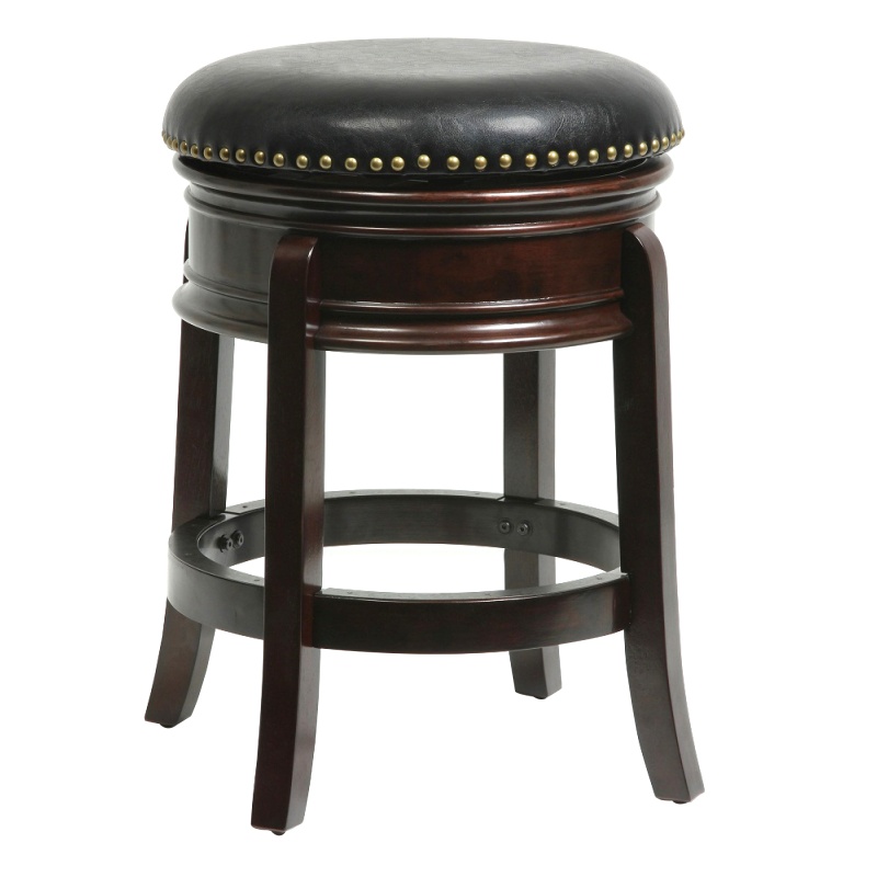 Sabi 24 Inch Swivel Counter Stool, Solid Wood, Faux Leather, Cappuccino, Brown