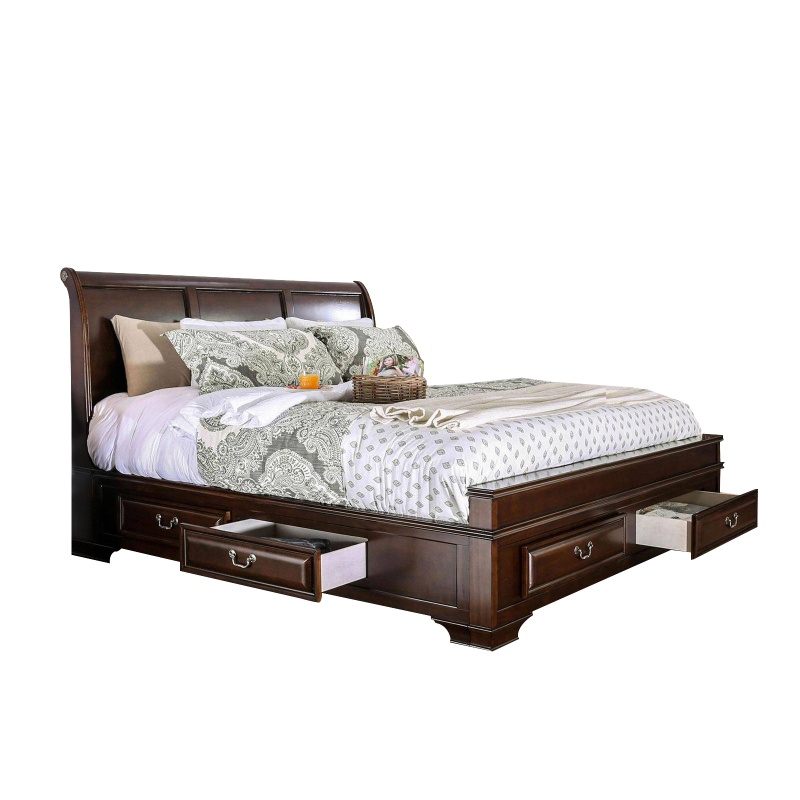 Transitional California King Wooden Bed With Multiple Bottom Drawers, Brown