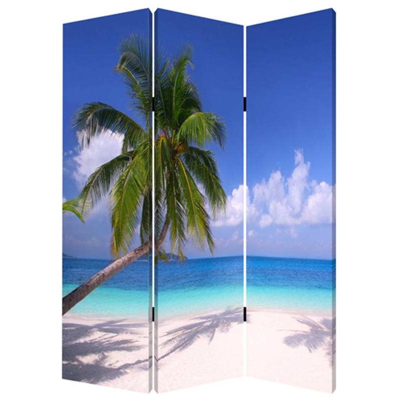 Beach Inspired Canvas Print 3 Panel Wooden Screen, Blue And Green