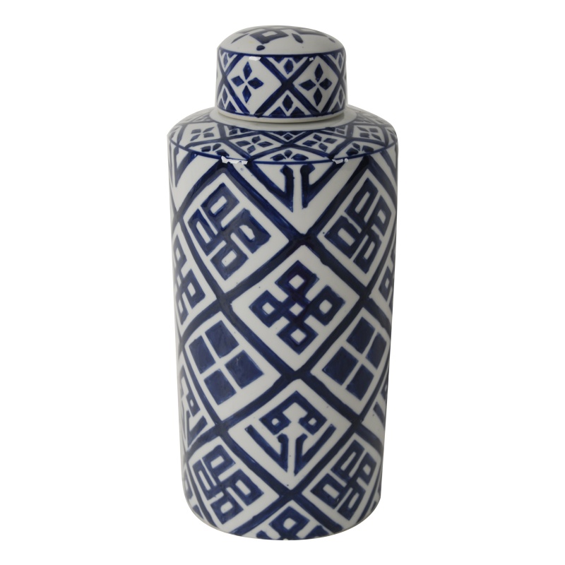 14 Inch Lidded Jar, Geometric Pattern, Cylindrical Blue And White Porcelain