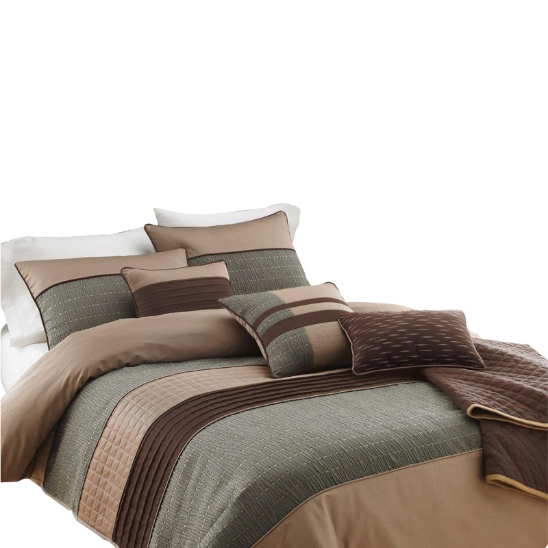 7 Piece King Polyester Comforter Set With Pleats And Texture, Gray And Brown