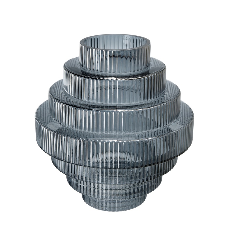 Rae 10 Inch Glass Vase, Geometric Round, Contemporary, Smokey Blue, Clear