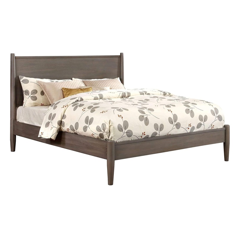 Mid Century Modern Wood Queen Bed With Round Tapered Legs, Gray