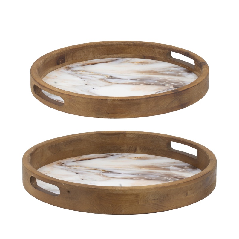 18, 15 Inch Round Decorative Tray, Marble Effect, Brown Fir Wood Frame