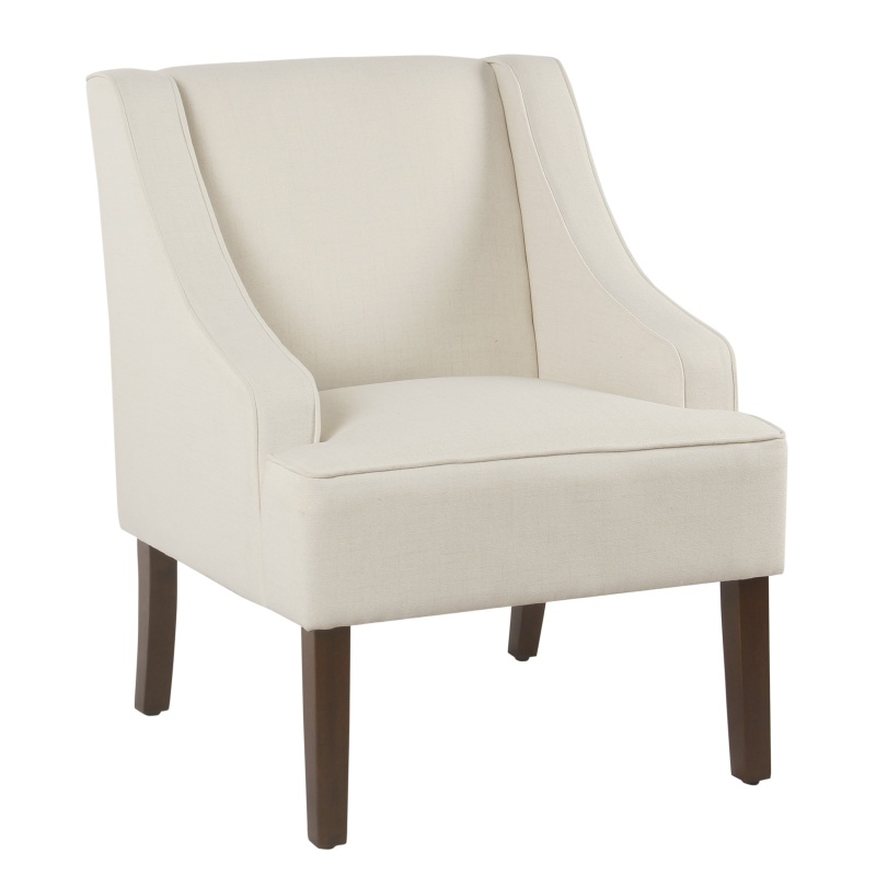 Fabric Upholstered Wooden Accent Chair With Swooping Armrests, Cream And Brown