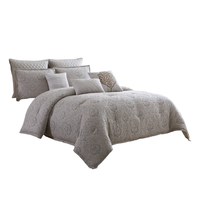 9 Piece Queen Cotton Comforter Set With Textured Floral Print, Gray