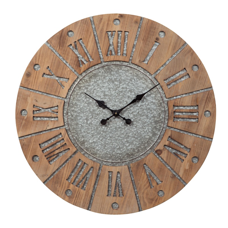 Round Wooden Frame Wall Clock With Metal Accents, Brown And Gray
