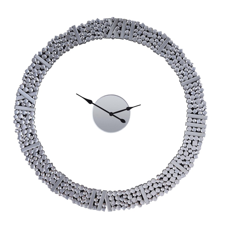 39 Inch Modern Analog Wall Clock, Faux Gem Inlay, Quartz, Silver