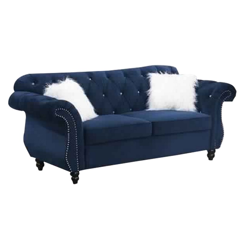 77 Inches Nailhead Trim Velvet Loveseat With Crystal Tufting, Blue