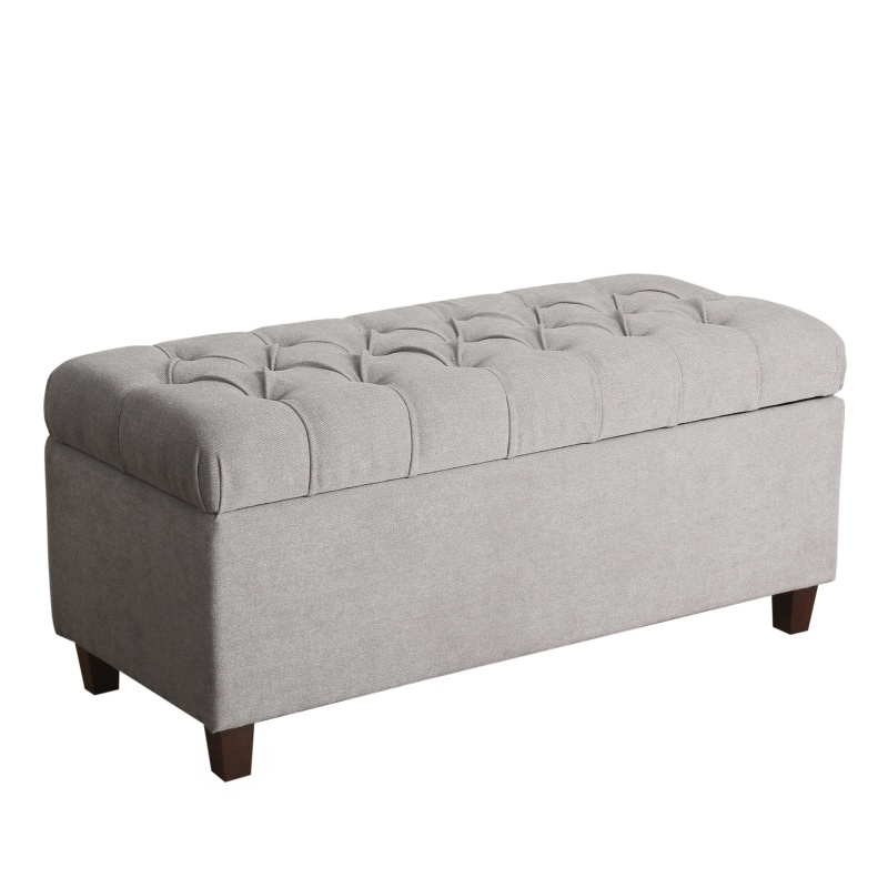 Fabric Upholstered Button Tufted Wooden Bench With Hinged Storage, Gray And Brown