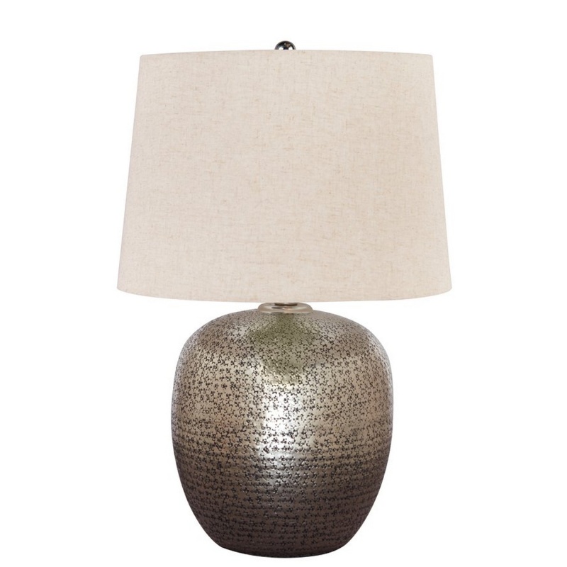 Bellied Metal Body Table Lamp With Splotched Details, Brass And Cream