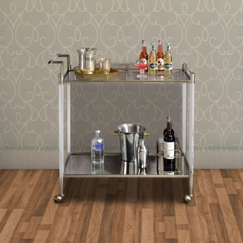 2 Tier Serving Cart With Acrylic and Metal Frame, Brass