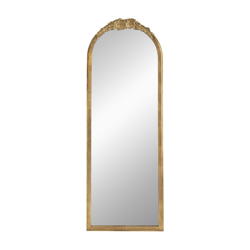 56 Inch Tall Arched Floor Mirror, Antique Floral Design, Gold