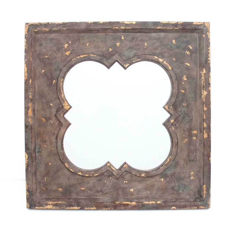Quatrefoil Pattern Wood Mirror With Distressed Finish, Silver And Brown
