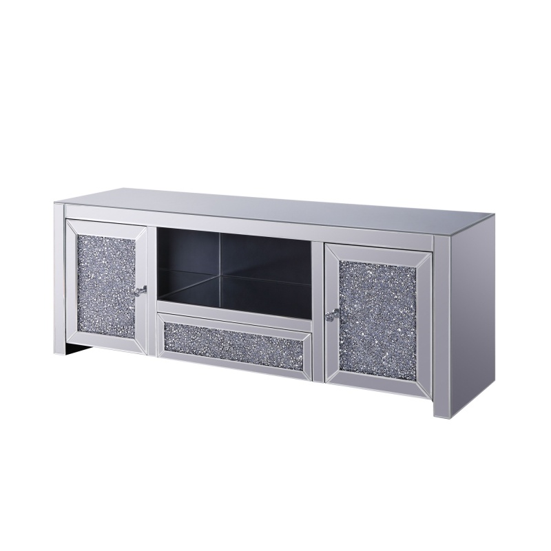 Noe 59 Inch Wood Tv Entertainment Media Console, Faux Diamond Inlay, Silver