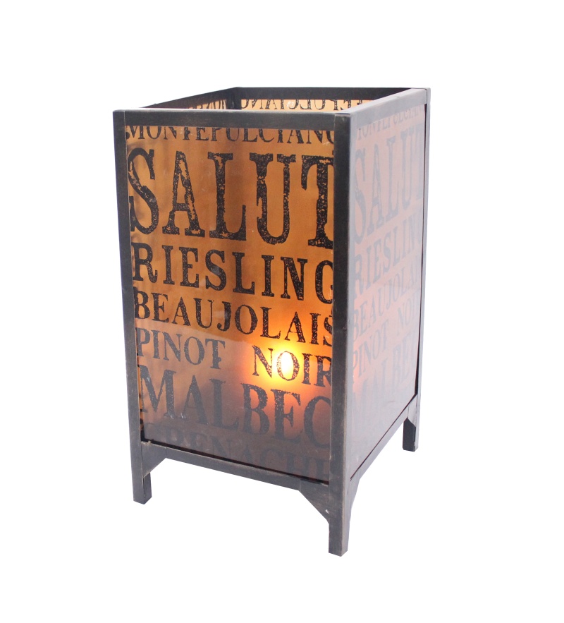 Cuboidal Metal And Glass Candleholder With Typography, Black And Clear
