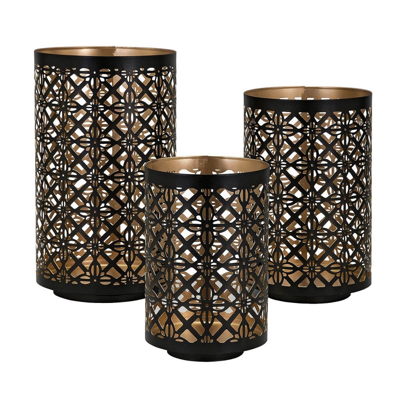 Set Of 3 Lantern Candle Holders, Moroccan Lattice, Gold, Black Metal Frames