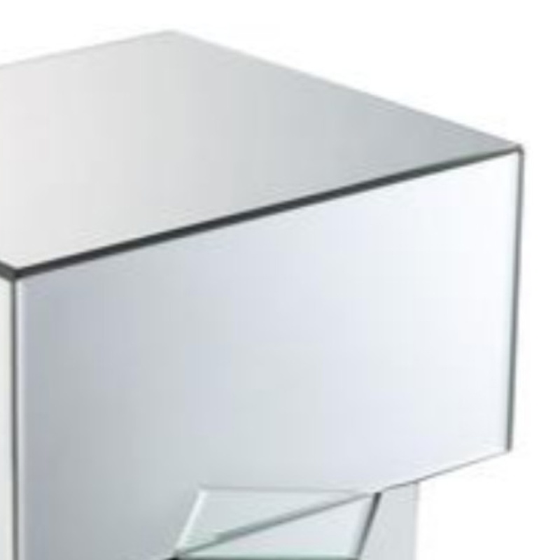 Mirror And Glass End Table With Unique Geometrical Base Design, Silver