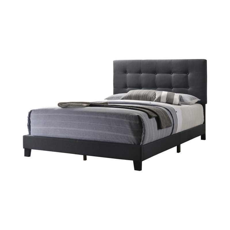 Queen Size Bed With Square Button Tufted Headboard, Dark Gray