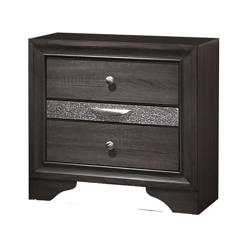 Wooden Nightstand With 2 Drawers And 1 Jewelry Drawer, Gray And Silver