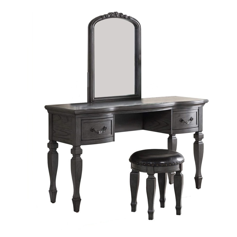3 Piece Vanity Set With Carved Mirror And Turned Legs, Gray