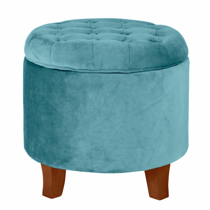 Button Tufted Velvet Upholstered Wooden Ottoman With Hidden Storage, Blue And Brown