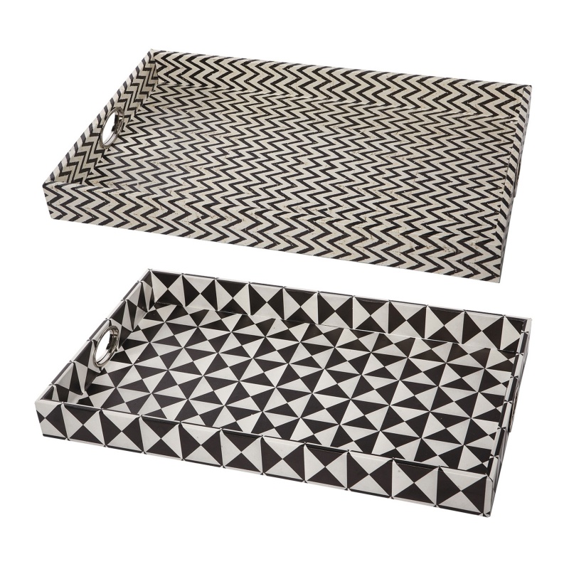 25-Inch Decorative Black and White Wood Trays, Art Deco Geometric, Set of 2