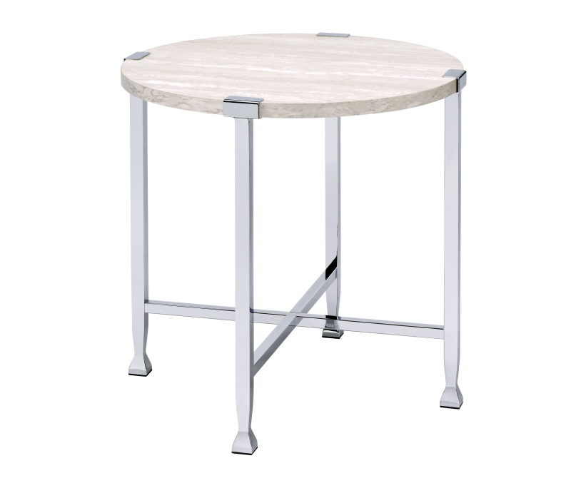 End Table With X Shaped Metal Base And Round Wooden Top,Silver And Beige