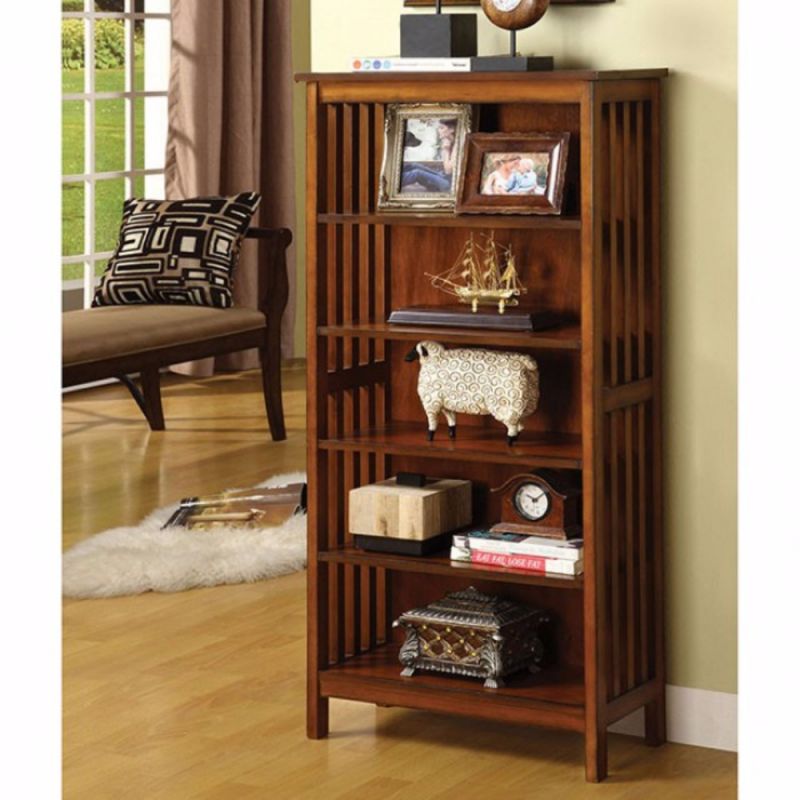 5 Tier Wooden Media Shelf With Slatted Side Panels, Oak Brown