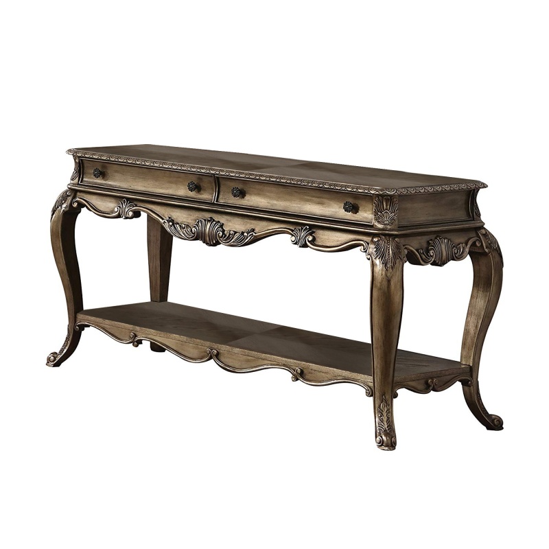 Wooden Sofa Table With Two Drawers And Bottom Shelf, Vintage Oak Brown