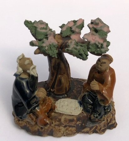 Miniature Ceramic Figurine Two Men Sitting At A Table Under A Tree Blue & Brown Color