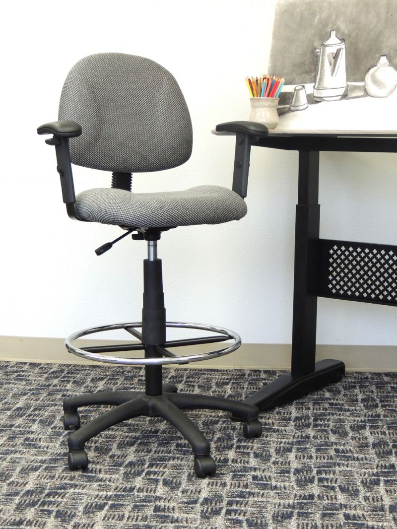 Boss Ergonomic Works Adjustable Drafting Chair With Adjustable Arms And Removable Foot Rest, Grey
