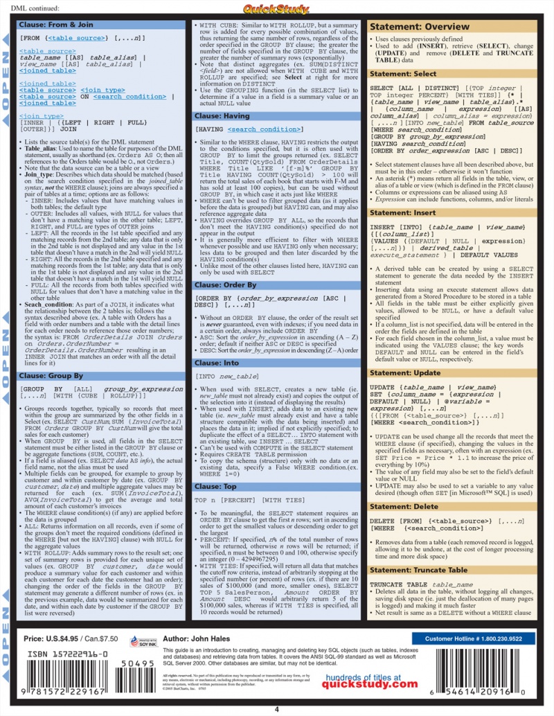 Quickstudy | Sql Guide Laminated Reference Guide