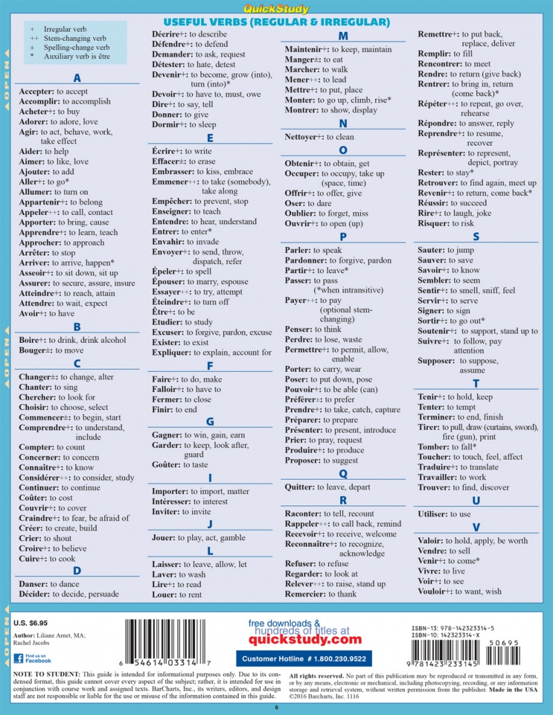 Quickstudy | French Verbs Laminated Study Guide