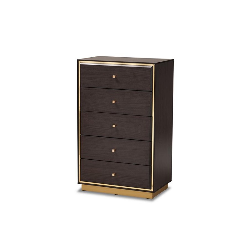 Baxton Studio Cormac Mid-Century Modern Transitional Dark Brown Finished Wood And Gold Metal 5-Drawer Storage Chest