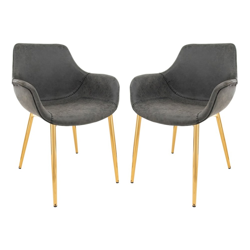 Markley Modern Leather Dining Arm Chair With Gold Metal Legs Set Of 2