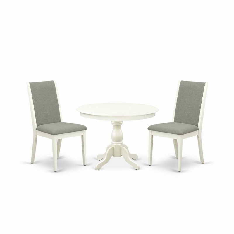East West Furniture Hbla3-Lwh-06 3 Piece Dining Room Set - Linen White Round Dining Table And 2 Shitake Linen Fabric Modern Chairs With High Back - Linen White Finish