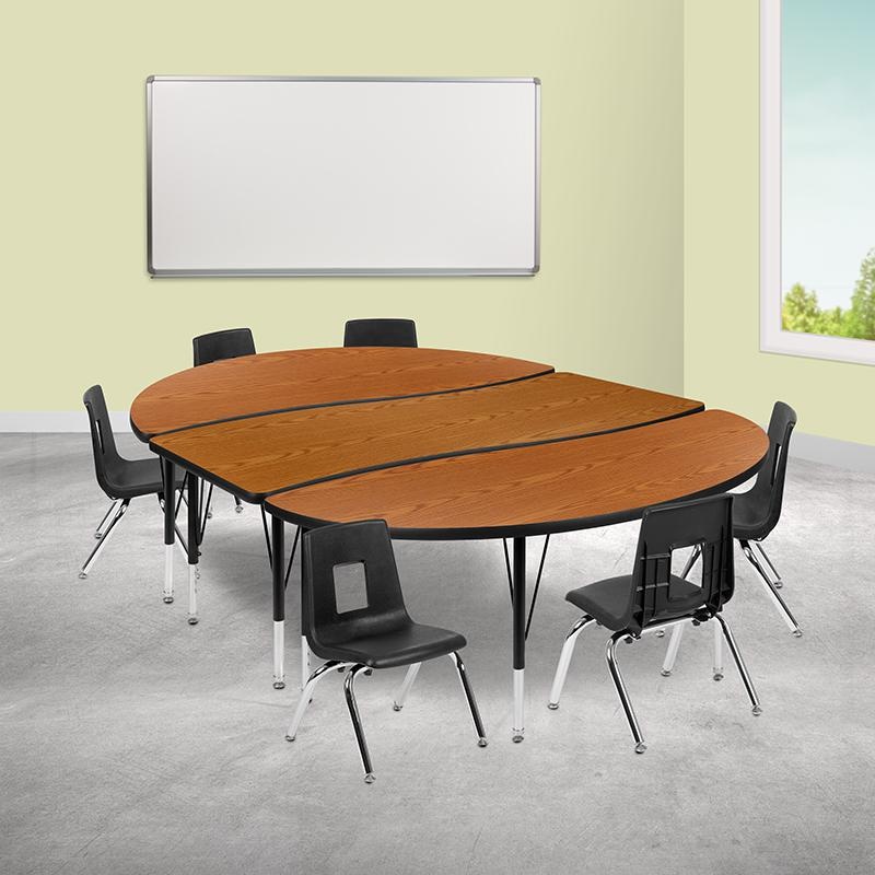 86" Oval Wave Collaborative Laminate Activity Table Set With 12" Student Stack Chairs, Oak/Black