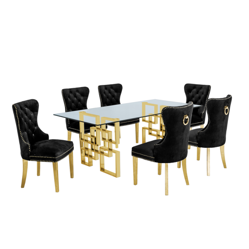 Classic 7-Piece Dining Set with Glass Table Top and Stainless Steel Legs with Ring Handle, Black